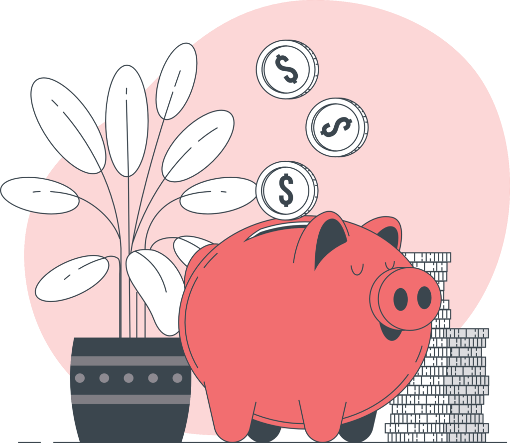 Illustration of a red piggy bank smiling with three dollar coins dropping into its slot