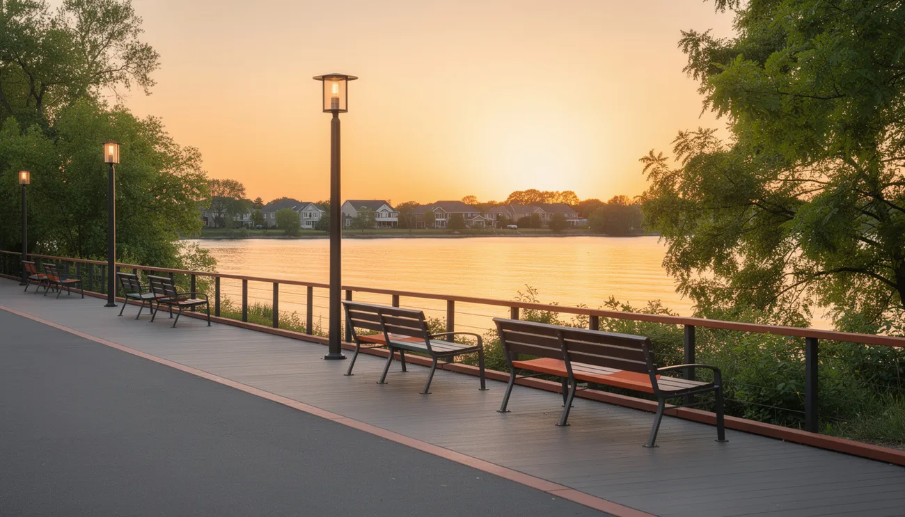 Ajax Ontario waterfront boardwalk at golden hour
