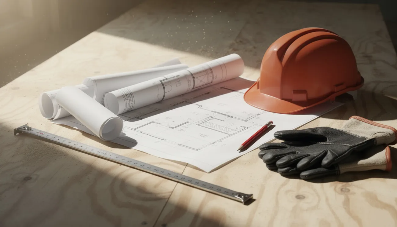Construction blueprints with hard hat and measuring tape