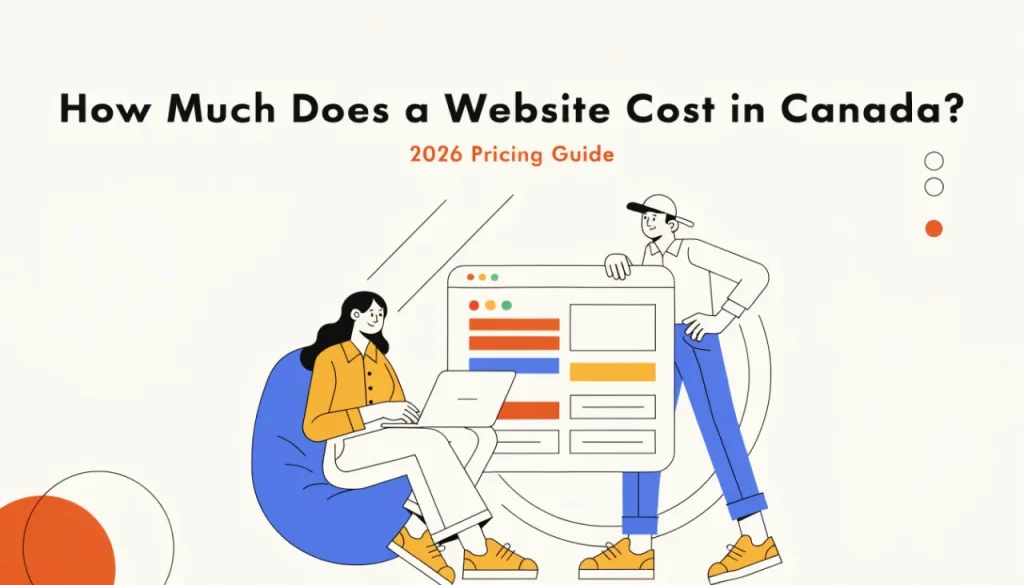 Two people reviewing a website interface mockup on a laptop, representing the pricing of web design services in Canada