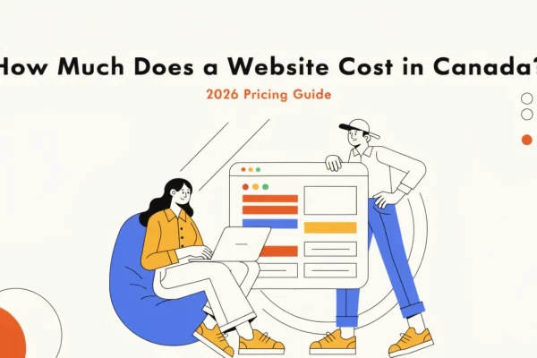 Two people reviewing a website interface mockup on a laptop, representing the pricing of web design services in Canada