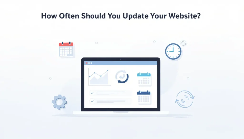 Laptop showing graphs, calendars and update symbols representing how often to update a website for SEO maintenance and