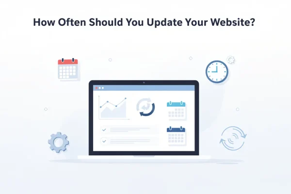 Laptop showing graphs, calendars and update symbols representing how often to update a website for SEO maintenance and