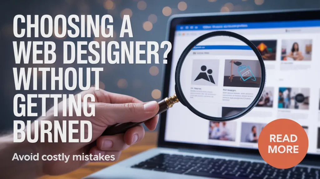 Hand holding a magnifying glass over laptop displaying web design portfolios to illustrate choosing a web designer