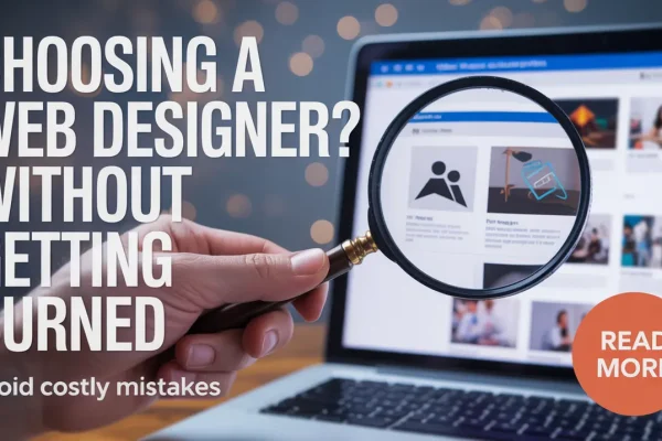 Hand holding a magnifying glass over laptop displaying web design portfolios to illustrate choosing a web designer