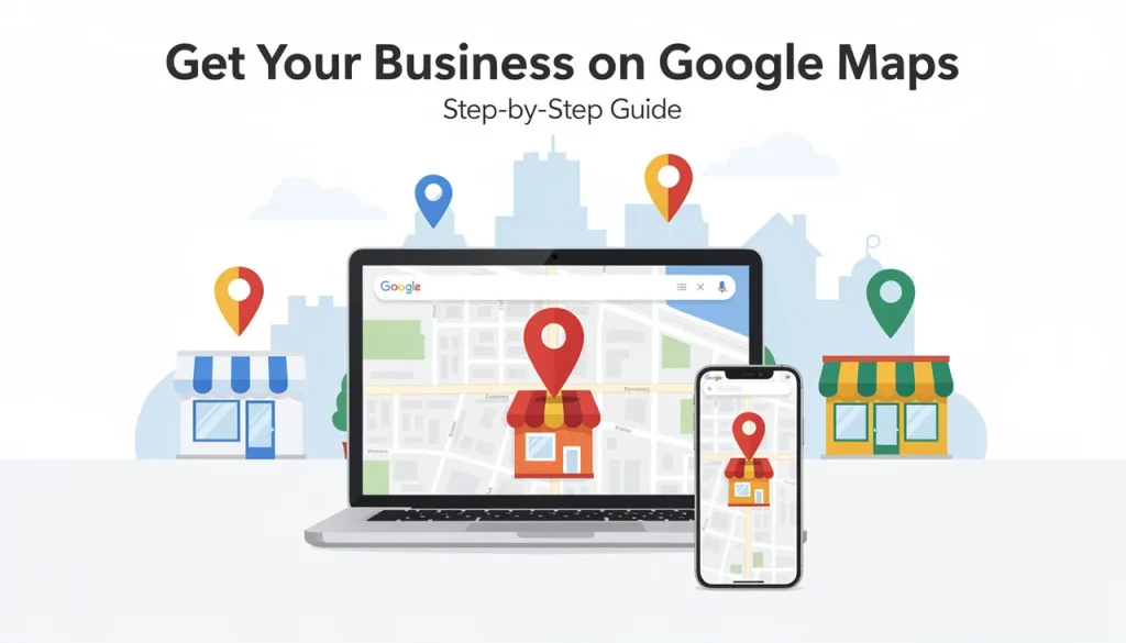 Guide to listing your business on Google Maps shown on laptop and phone screens for Oshawa and Durham Region small