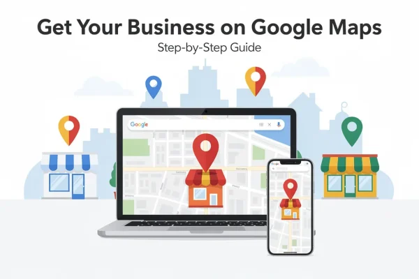 Guide to listing your business on Google Maps shown on laptop and phone screens for Oshawa and Durham Region small