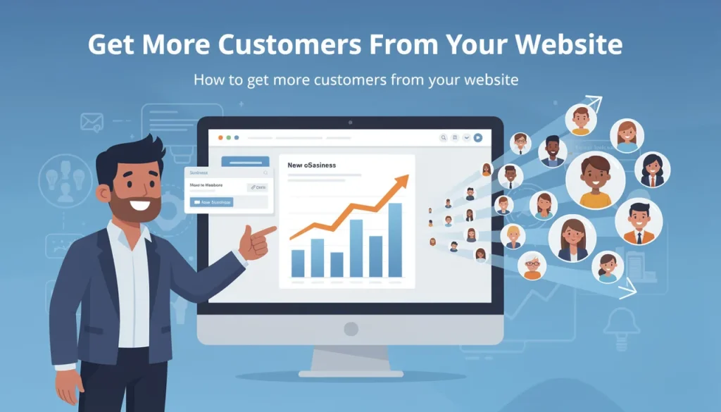Business owner pointing to monitor showing lead funnel and new customers growth chart with customer icons attracted to