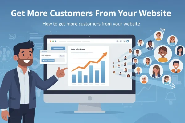 Business owner pointing to monitor showing lead funnel and new customers growth chart with customer icons attracted to