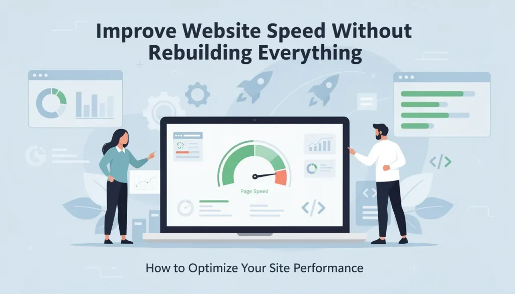 Professionals examining a laptop displaying page speed optimization metrics and performance charts for website