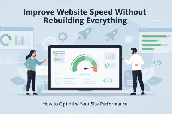 Professionals examining a laptop displaying page speed optimization metrics and performance charts for website