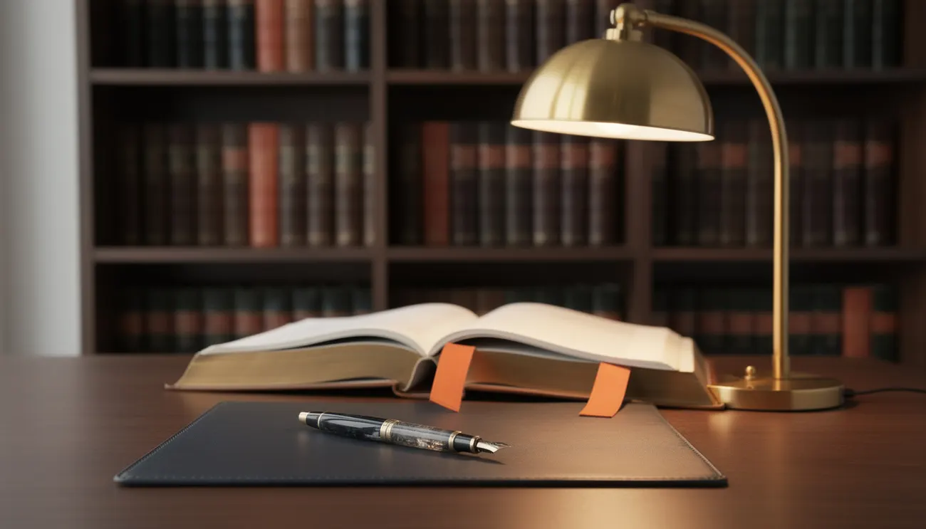 Law office bookshelf with leather-bound legal volumes