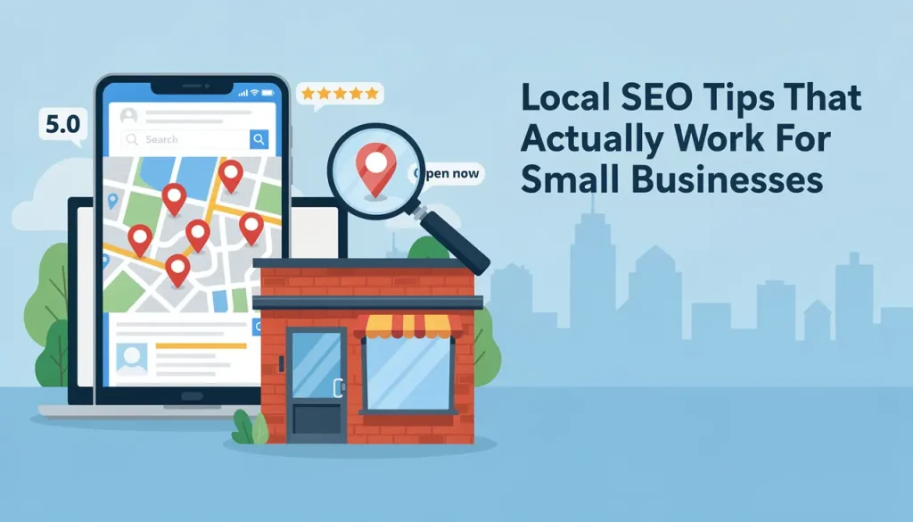 Small business storefront with mobile and desktop devices showing map-based local searches and reviews to demonstrate