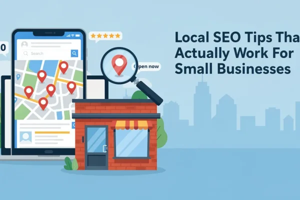Small business storefront with mobile and desktop devices showing map-based local searches and reviews to demonstrate