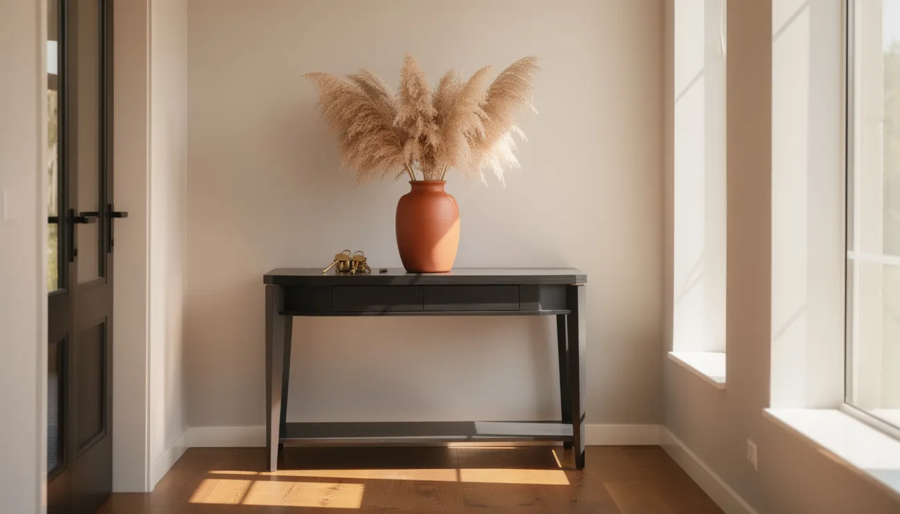 Luxury home foyer with keys and vase on console table