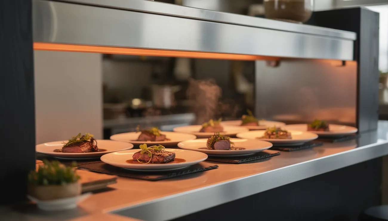 Restaurant kitchen pass with plated dishes under heat lamps