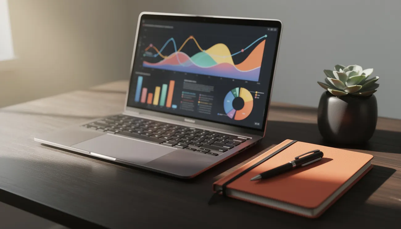SEO analytics dashboard on laptop with notebook