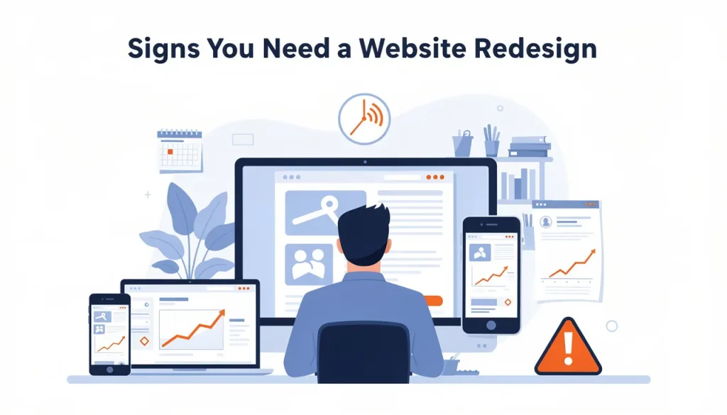 Business owner reviewing website analytics and graphs on multiple devices, highlighting signs you need a website