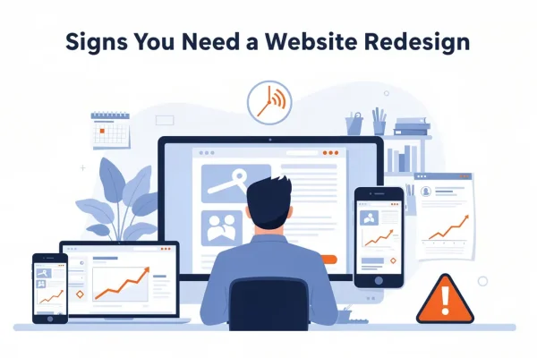 Business owner reviewing website analytics and graphs on multiple devices, highlighting signs you need a website