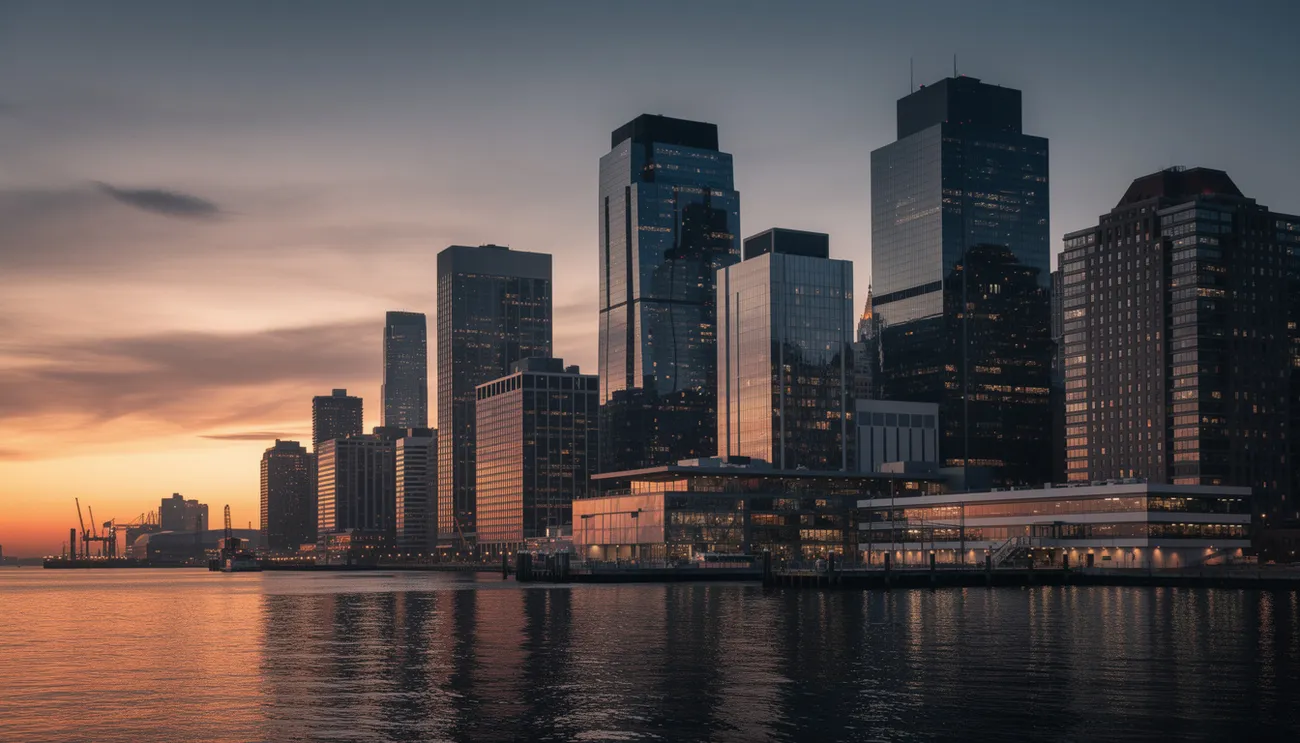 Toronto skyline at dusk reflected in harbor water