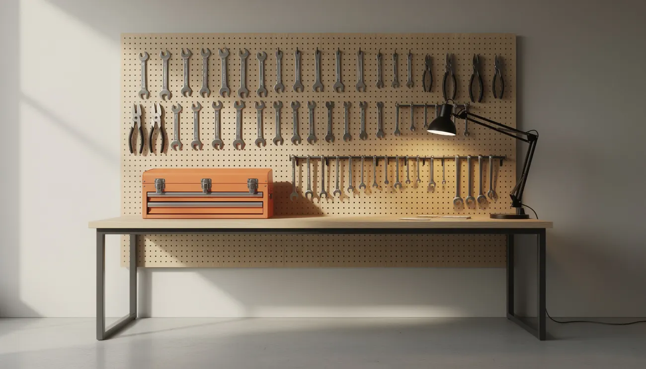 Organized tool wall with wrenches and toolbox