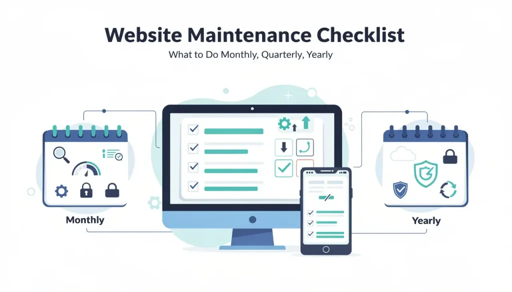 Website maintenance checklist graphic showing monthly and yearly tasks on a monitor and mobile phone with calendar