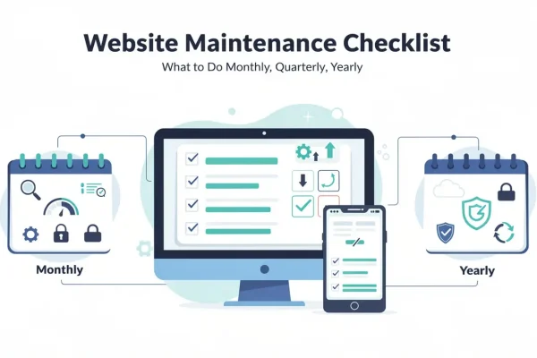 Website maintenance checklist graphic showing monthly and yearly tasks on a monitor and mobile phone with calendar