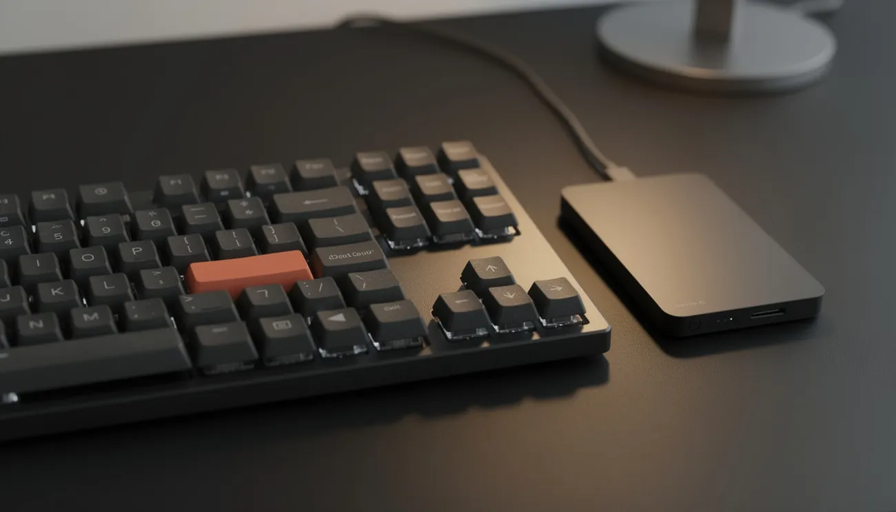 Mechanical keyboard and external backup drive on desk