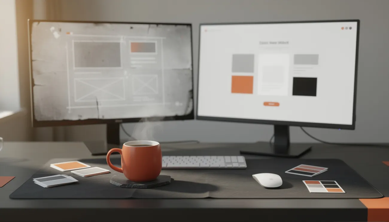Website redesign workspace with dual monitors