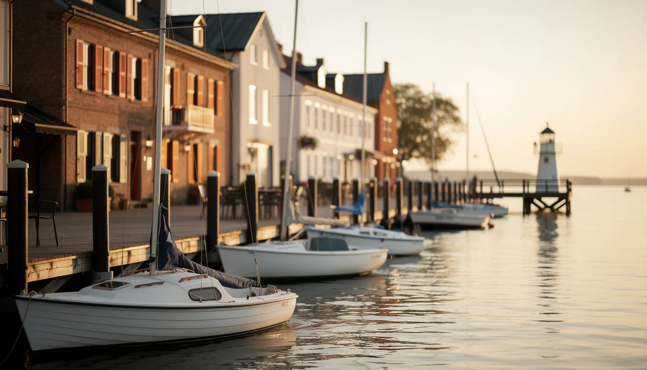 Whitby harbor with sailboats and historic waterfront