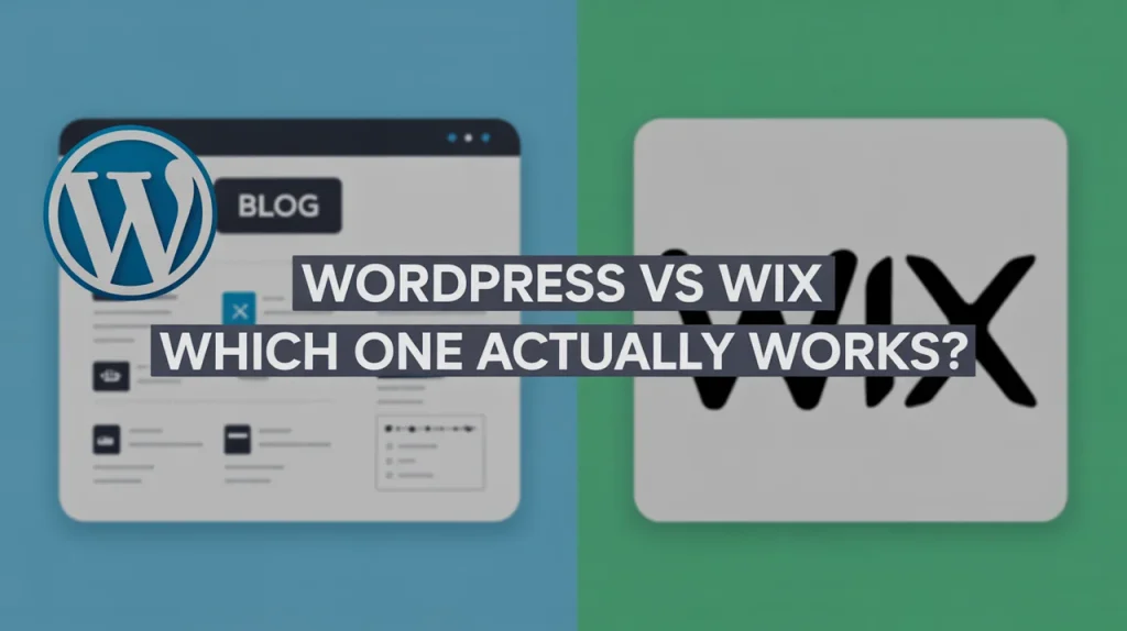 WordPress and Wix comparison graphic for small business website platforms, showing logos and blog interface elements.