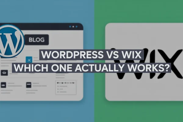 WordPress and Wix comparison graphic for small business website platforms, showing logos and blog interface elements.